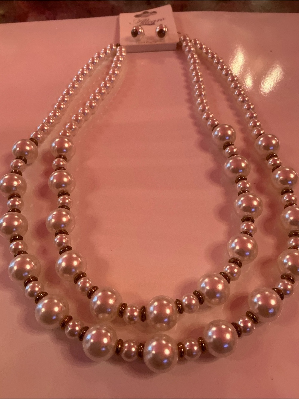 White Pearl-Style Bead Necklace with Gold Accents - Picture 3 of 4